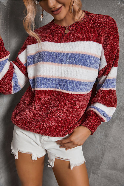 Stickad Dam Tröja Randig Polyester Lång Ärme-3