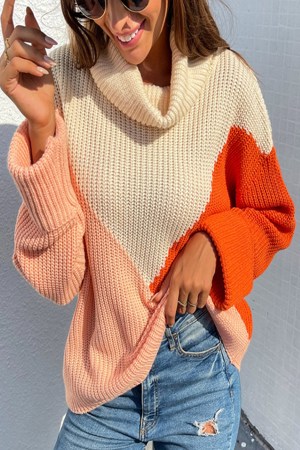 Dam Kortärmad Tröja Hög Krage Polyester Färgblocksmönster-3