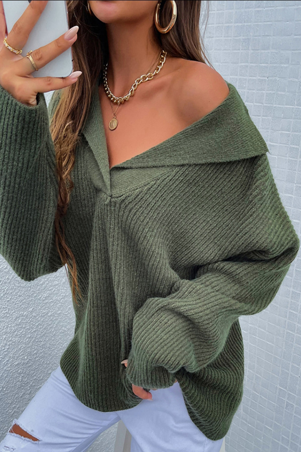 Dam Tjock Tröja med Reverskrage i Mjuk Akryl och Långa Ärmar-5