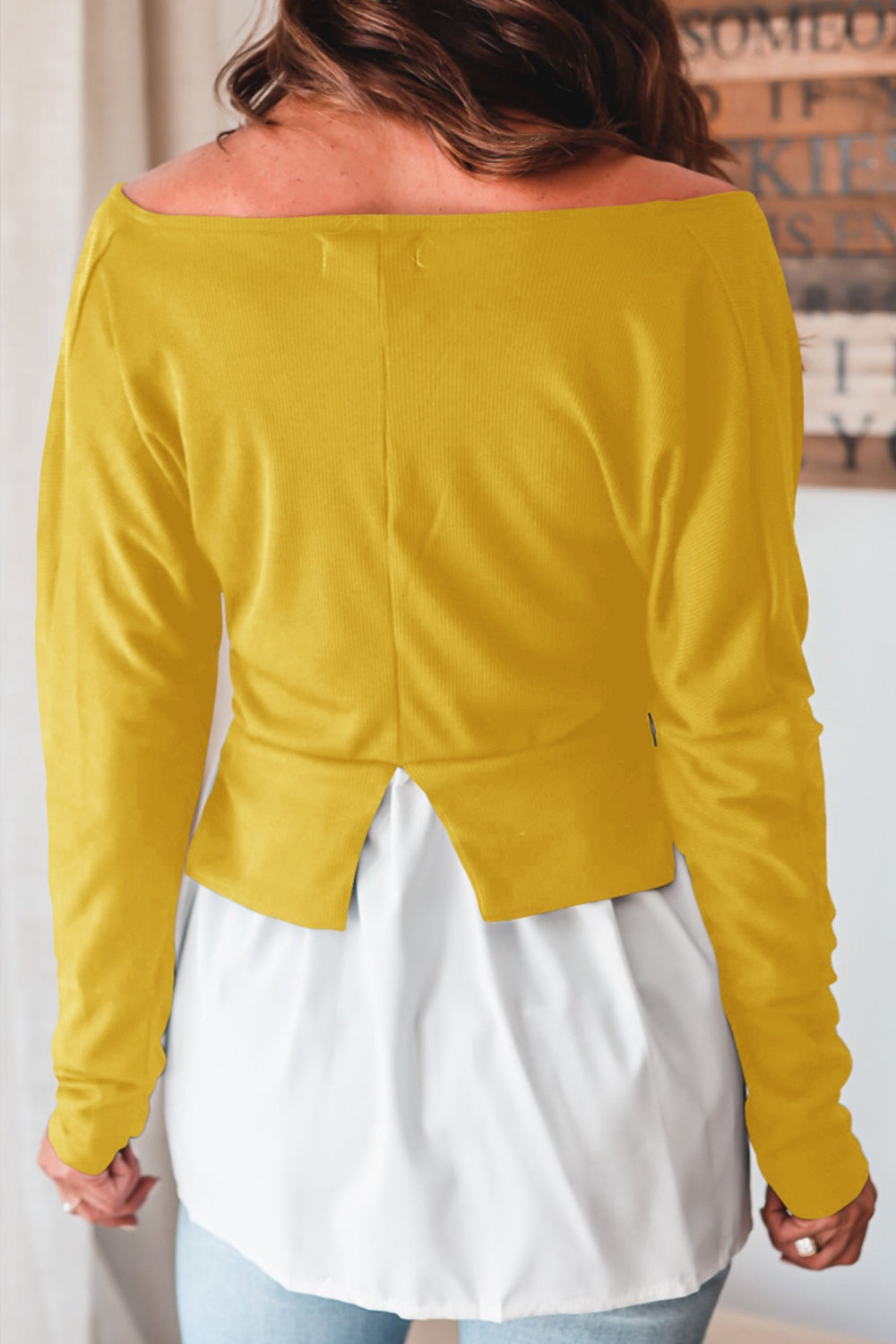 Asymmetrisk V-hals Topp för Dam i Polyester – Trendiga Festtoppar med Patchworkdesign, Långärmad 3