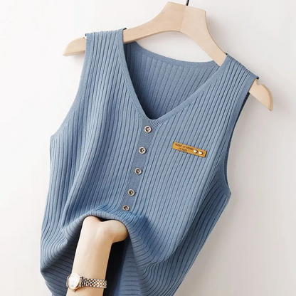 Kvinnors Ärmless Stickad Topp V-ringning Högkvalitativ Stickning-2