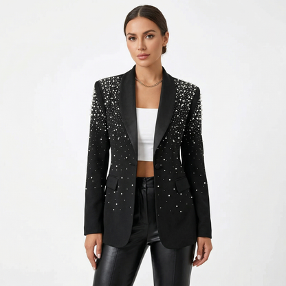 Kvinna Blazer Elegant Pärlapplikationer Högkvalitativt Tyg