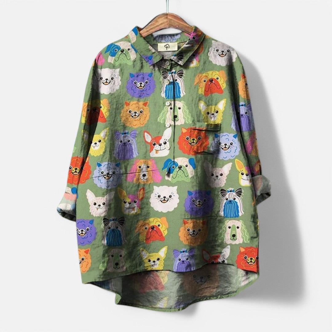 Dam Blus Elegant Polyester med Färgat Konsttryck-2