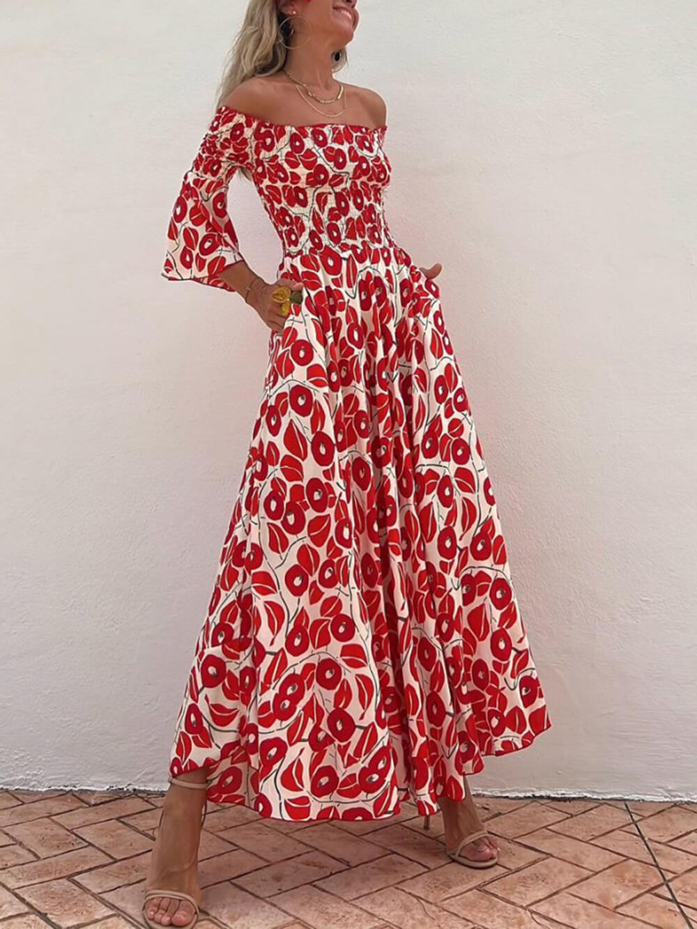 Maxiklänning Dam Off-Shoulder Blommig Lätt Material för Sommar-2