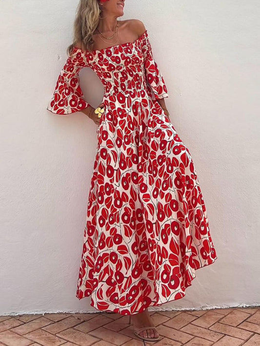 Maxiklänning Dam Off-Shoulder Blommig Lätt Material för Sommar-1