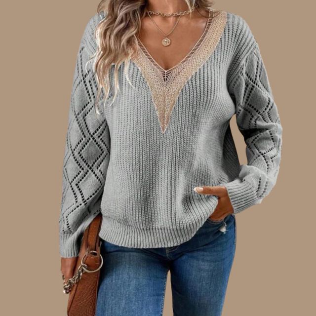 Dam Stickad Tröja V-Hals med Spetsdetaljer i Akryl-6