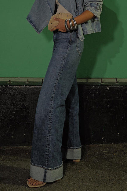 Damjeans Hög Midja Raka Ben Bomullsblandning-5