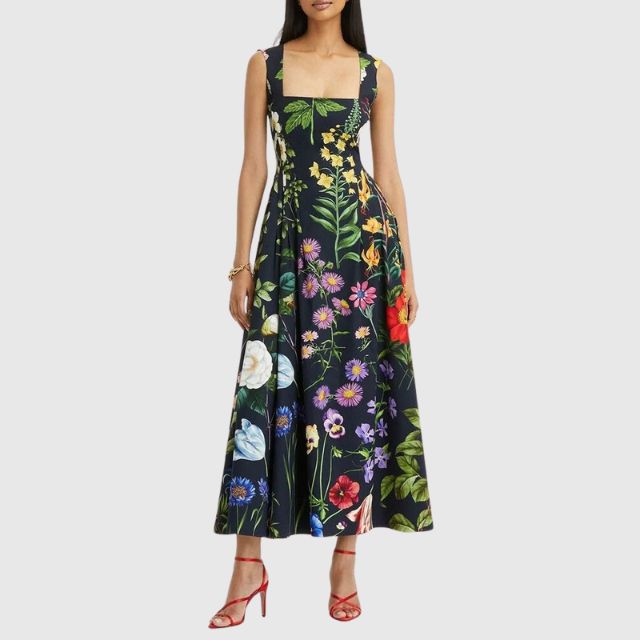 Dam Midiklänning Fyrkantig Halsringning Blommig Polyester-1