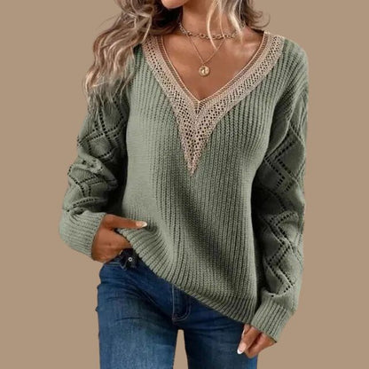 Dam Stickad Tröja V-Hals med Spetsdetaljer i Akryl-4