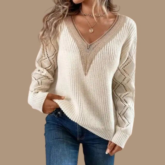 Variant image for Dam Stickad Tröja V-Hals med Spetsdetaljer i Akryl-1