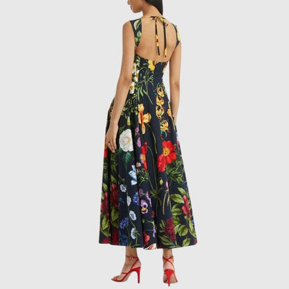 Dam Midiklänning Fyrkantig Halsringning Blommig Polyester-3