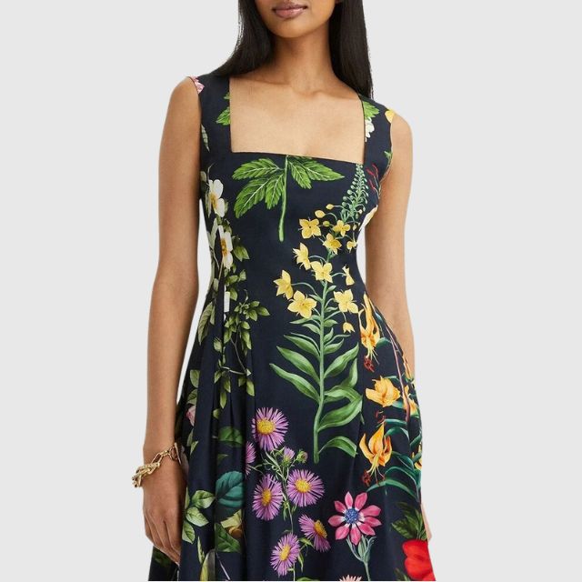 Dam Midiklänning Fyrkantig Halsringning Blommig Polyester-2