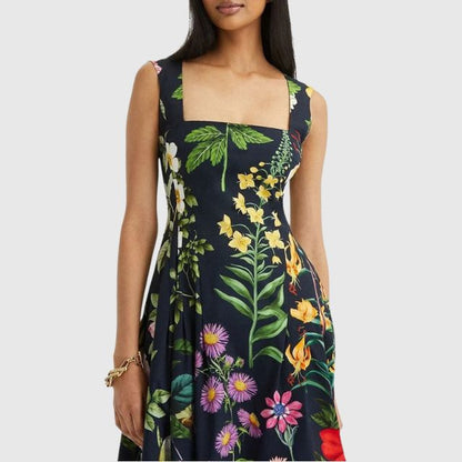 Dam Midiklänning Fyrkantig Halsringning Blommig Polyester-2