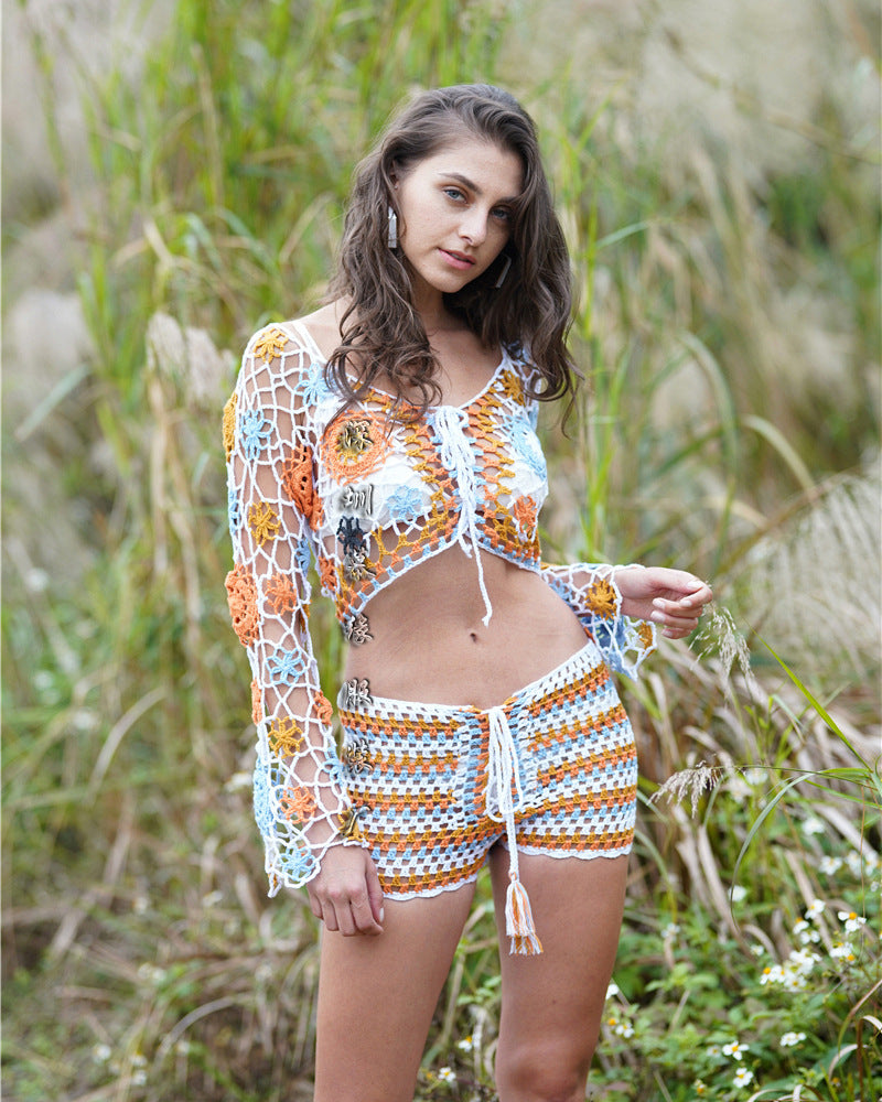 Dam Strandtröja Handgjord Stickad Randig Lös Passform-4