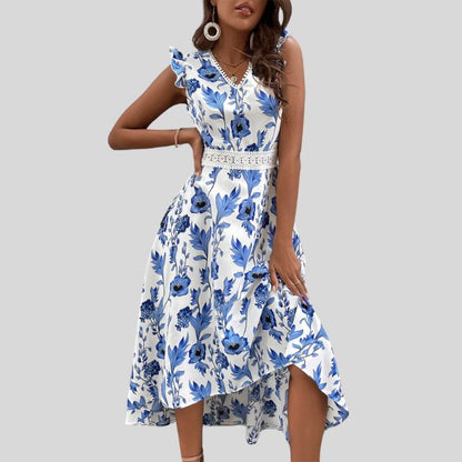 Damklänning Midi Blommönster med Spetsdetaljer Polyester 2