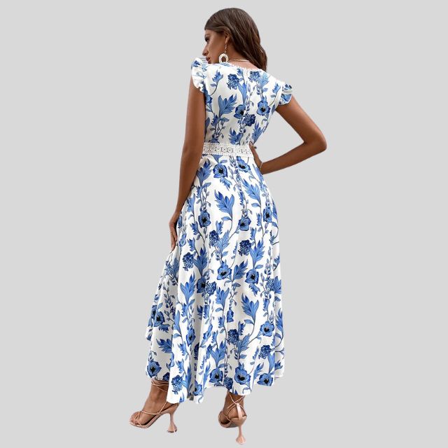 Damklänning Midi Blommönster med Spetsdetaljer Polyester 6