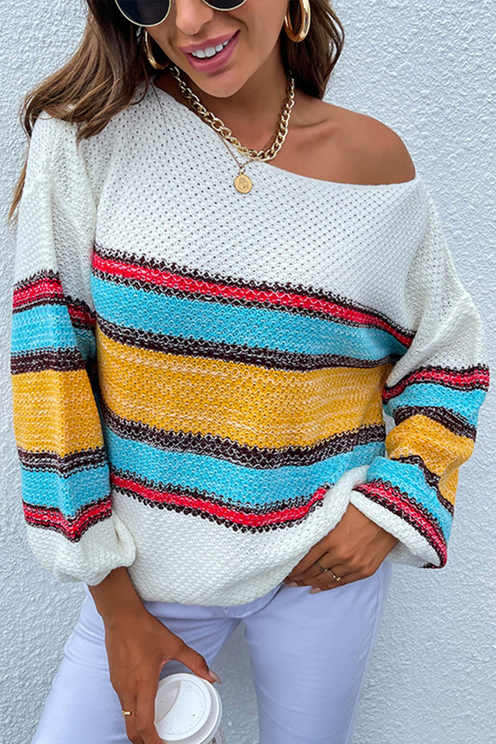 Dam Tröja Off-Shoulder Randig Polyester med Lanternärmar-4