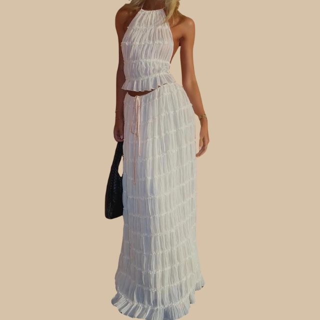 Maxiklänning Dam med Remmar och Samlad Kjol i Polyester-5