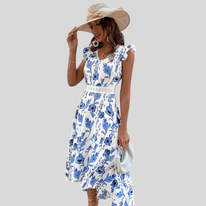 Damklänning Midi Blommönster med Spetsdetaljer Polyester 3