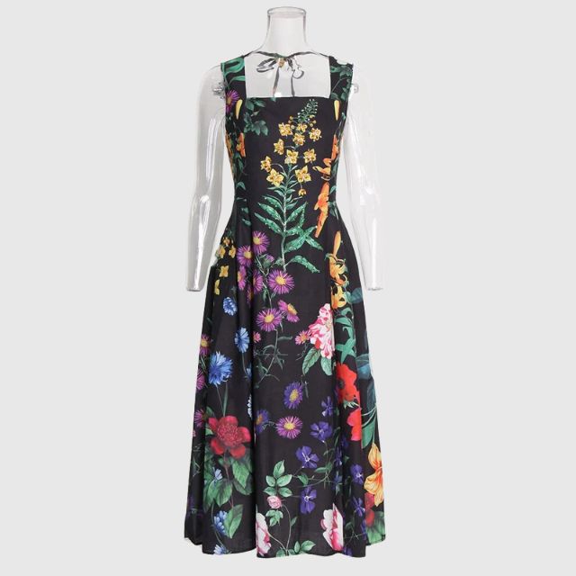 Dam Midiklänning Fyrkantig Halsringning Blommig Polyester-4