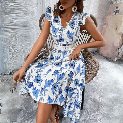 Damklänning Midi Blommönster med Spetsdetaljer Polyester 1