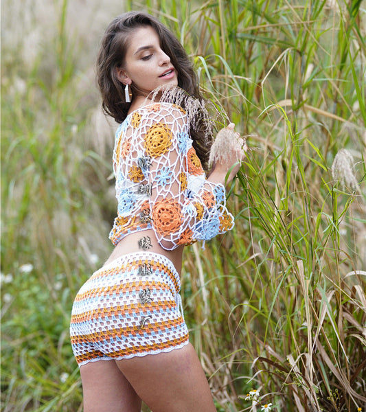 Dam Strandtröja Handgjord Stickad Randig Lös Passform-1