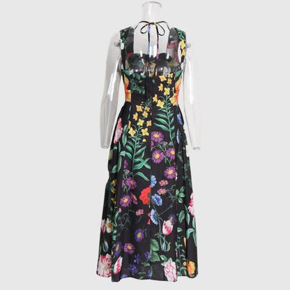 Dam Midiklänning Fyrkantig Halsringning Blommig Polyester-5