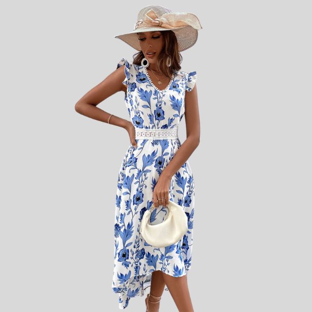 Damklänning Midi Blommönster med Spetsdetaljer Polyester 4