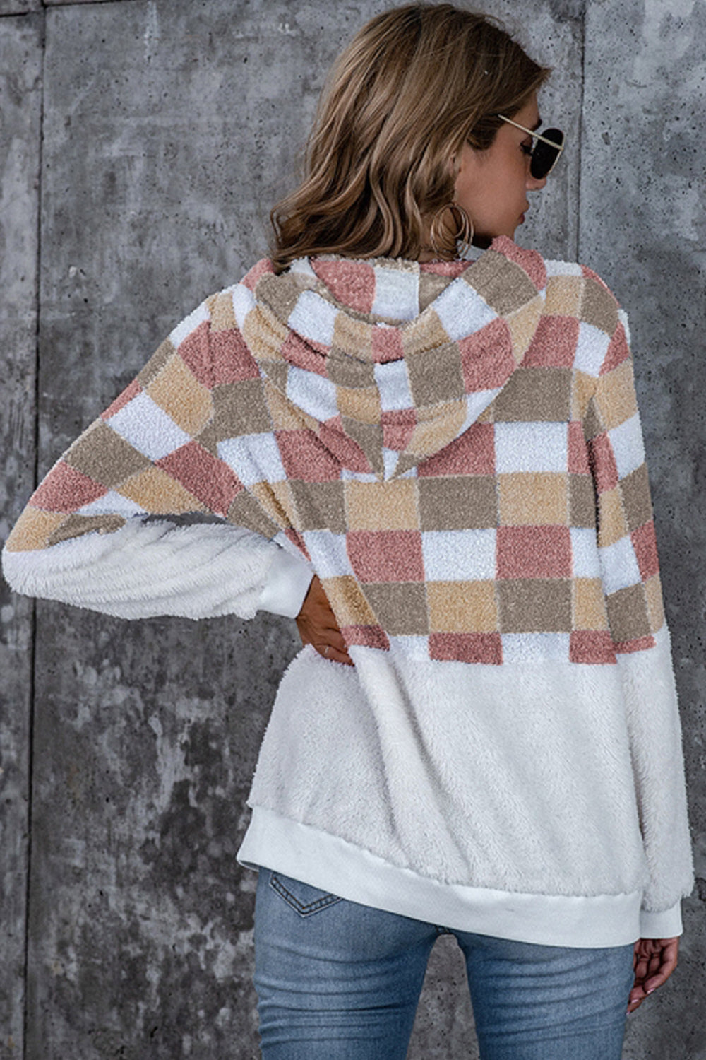 Dam Hoodie Rutig Fleece med Huva-3