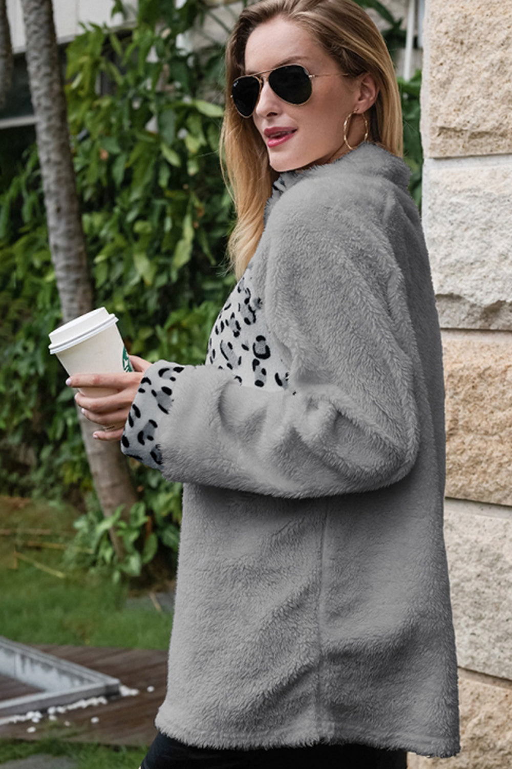 Dam Hoodie Leopardmönster Fleece med Huva-3