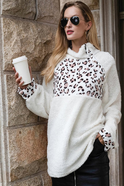 Dam Hoodie Leopardmönster Fleece med Huva-5