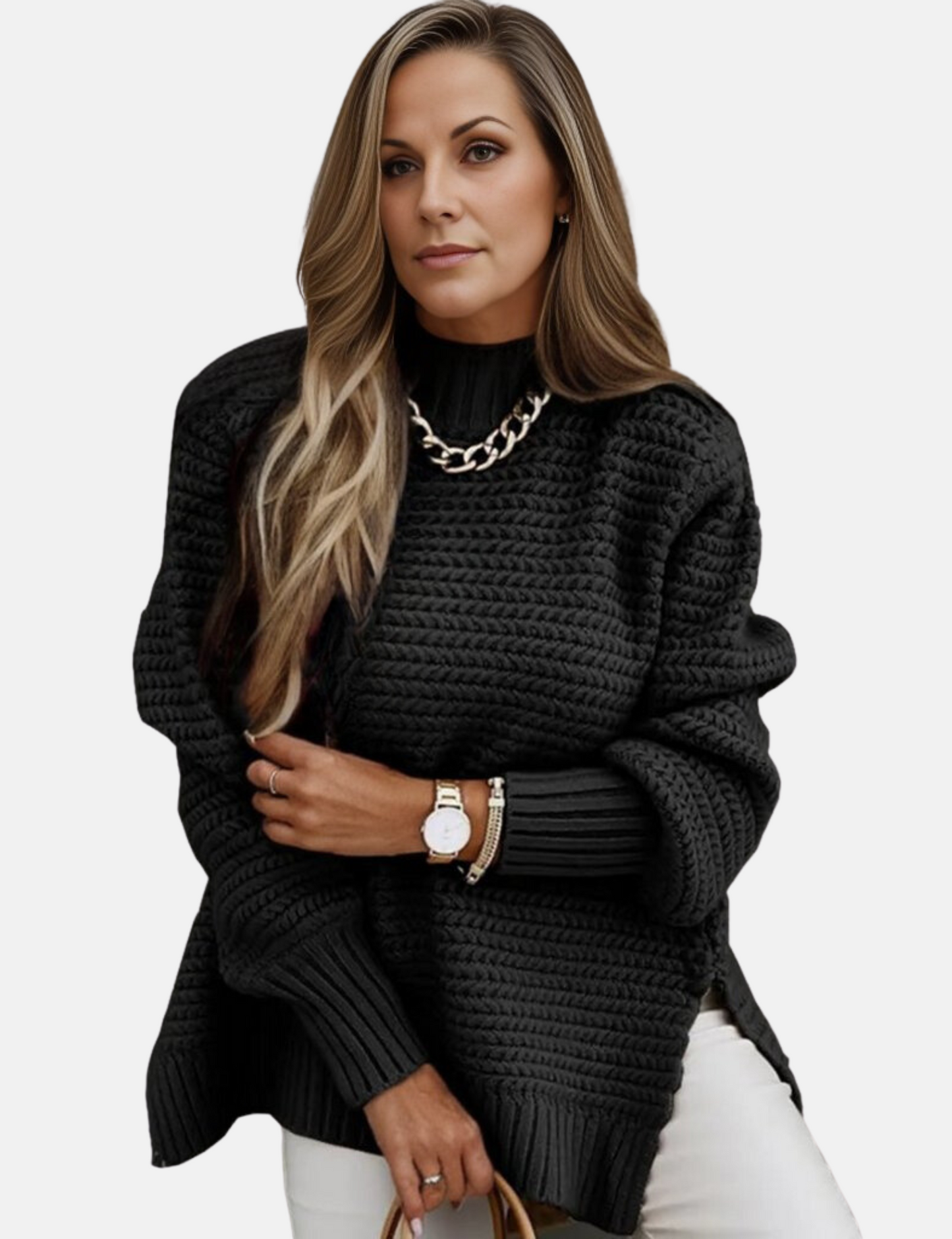 Stickad Dam Tröja Oversized Mjuk Vaffelmönster-3