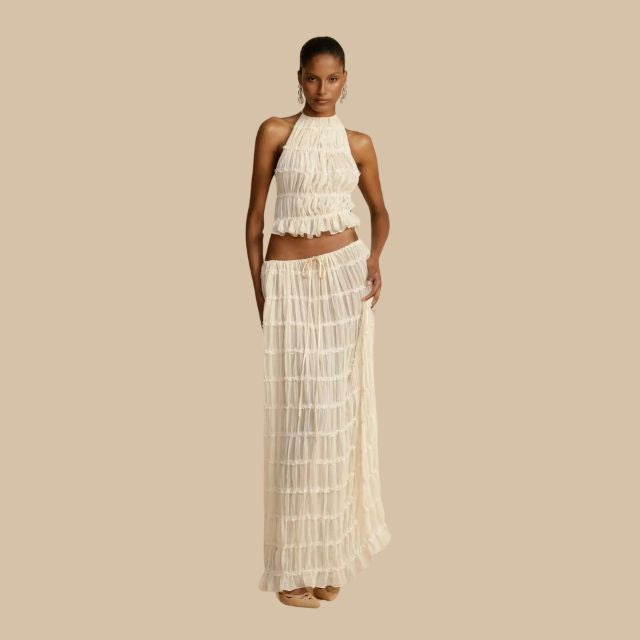 Maxiklänning Dam med Remmar och Samlad Kjol i Polyester-6