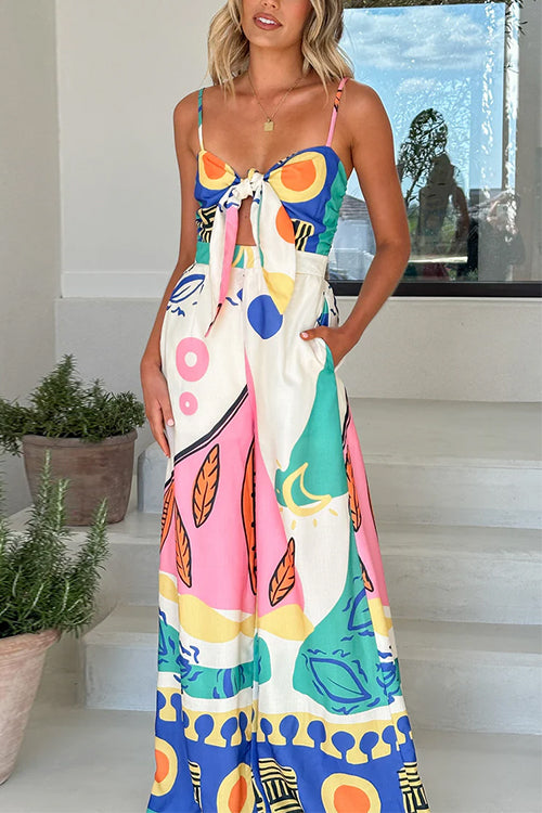 Dam Jumpsuit Knut Fronten Tryckt Bomull Polyester med Breda Ben och Fickor-5