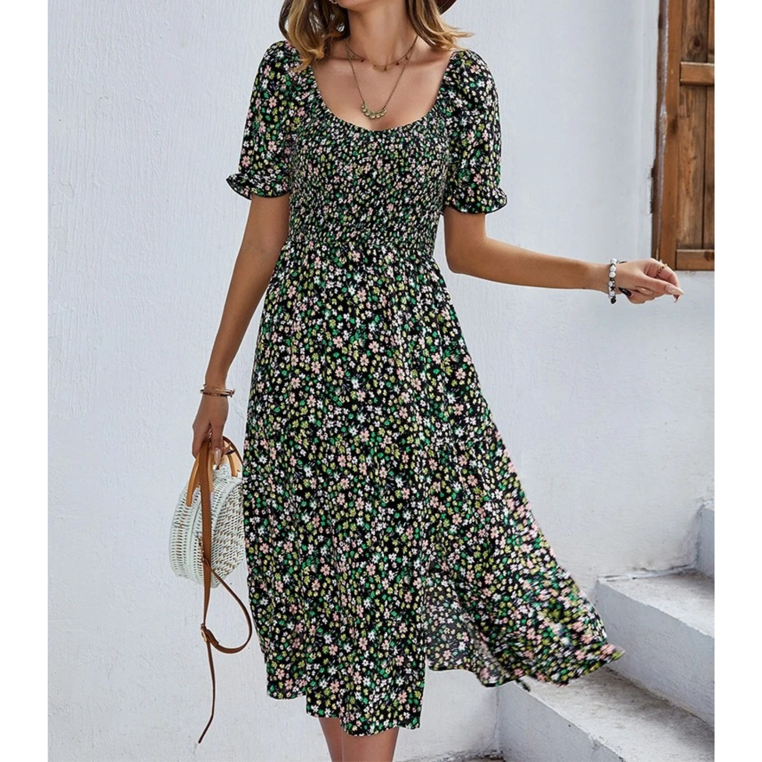 Sommarklänning Dam Elastisk Blå Mönster Rund Halsringning 6