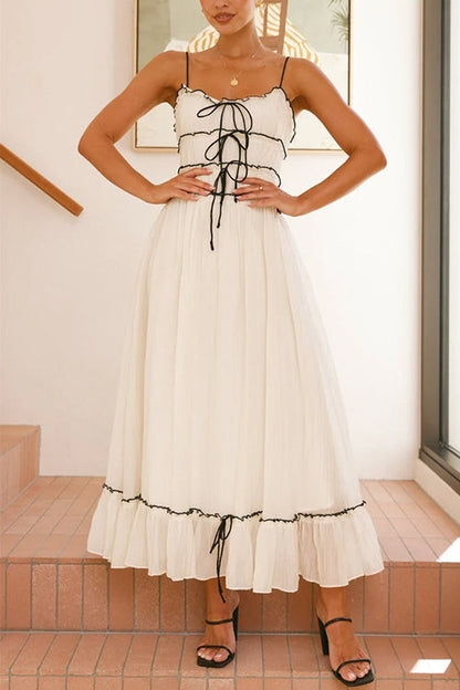 Maxiklänning Dam med Frill Trim Justerbara Axlar Bomull Polyester-5