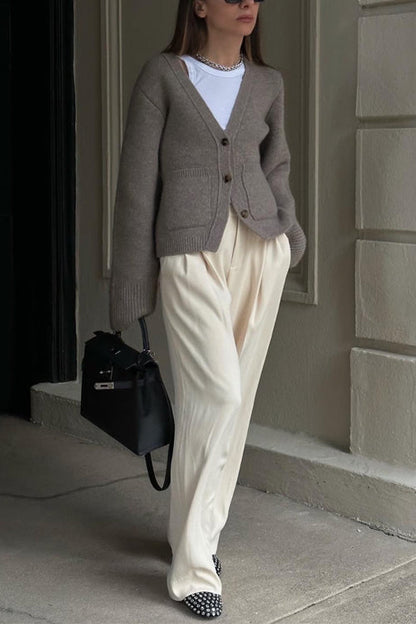 Dam Kofta V-ringad Bomull och Polyester med Knappstängning och Fickor-4