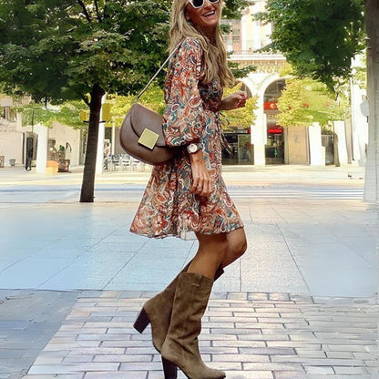 Kvinna V-ringad Klänning Vintage Tryck Högkvalitativt Tyg-2