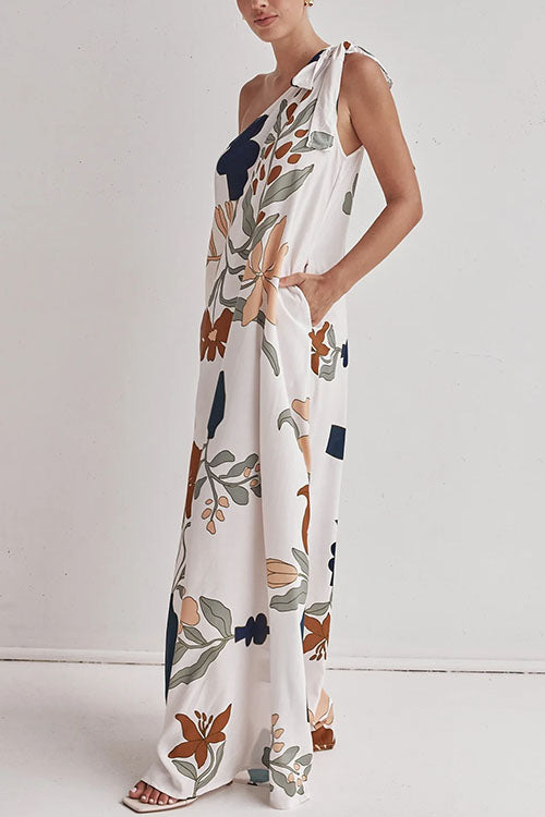 Dam Maxiklänning Asymmetrisk Blommönster Bomull Polyester Sommar-5