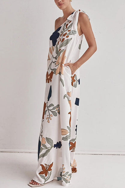 Dam Maxiklänning Asymmetrisk Blommönster Bomull Polyester Sommar-5