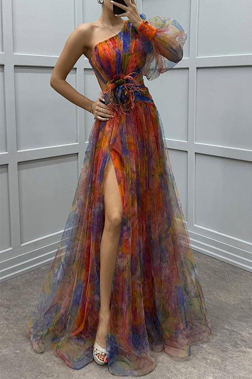 Dam Maxiklänning En Axel Hög Slits Nät Detalj Bomull Polyester-6