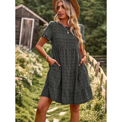 Dam Sommarklänning Blommönster Loose Fit Lätt Tyg med Väskor-3