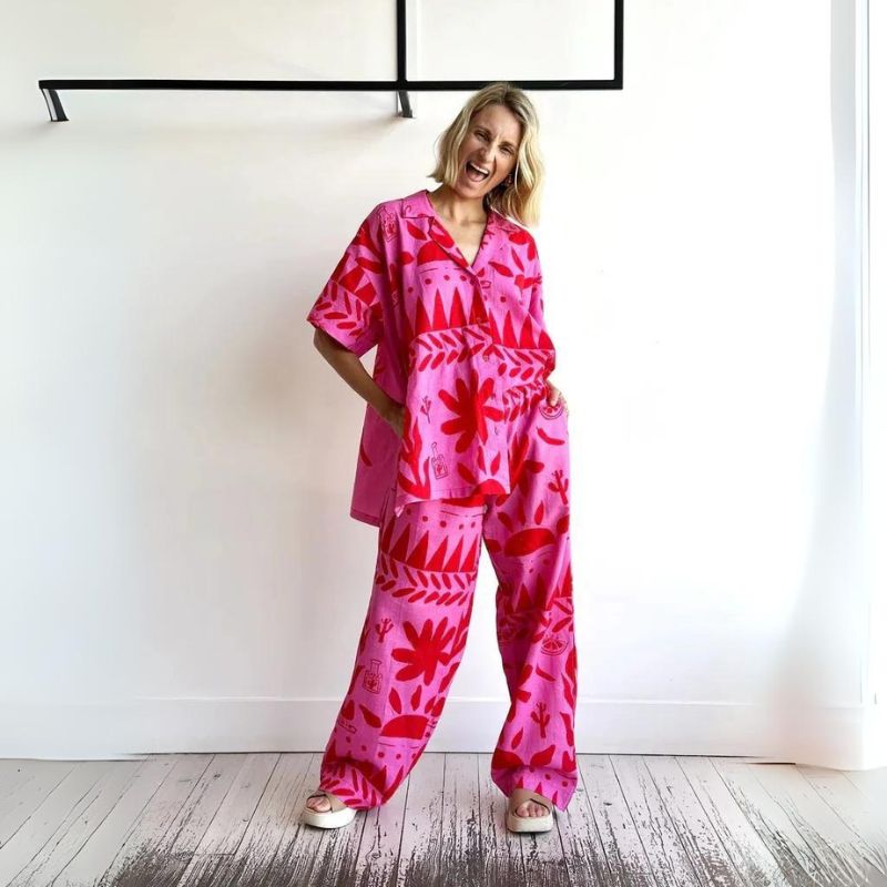 Dam Tvådelad Sats Blommig Polyester Löst Sittande Skjorta och Vida Byxor-1