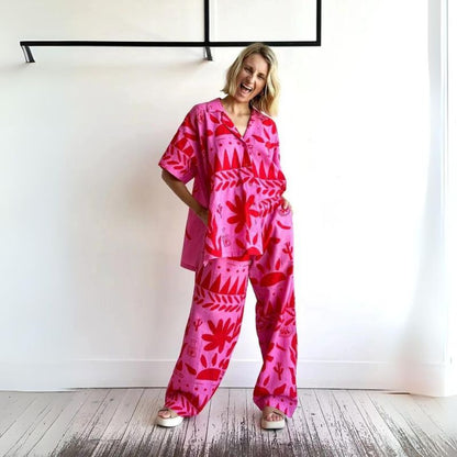 Dam Tvådelad Sats Blommig Polyester Löst Sittande Skjorta och Vida Byxor-1