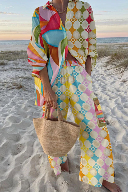 Variant image for Dam Långärmad Blus med Kontrasttryck och Lastbyxor i Bomull och Polyester-1