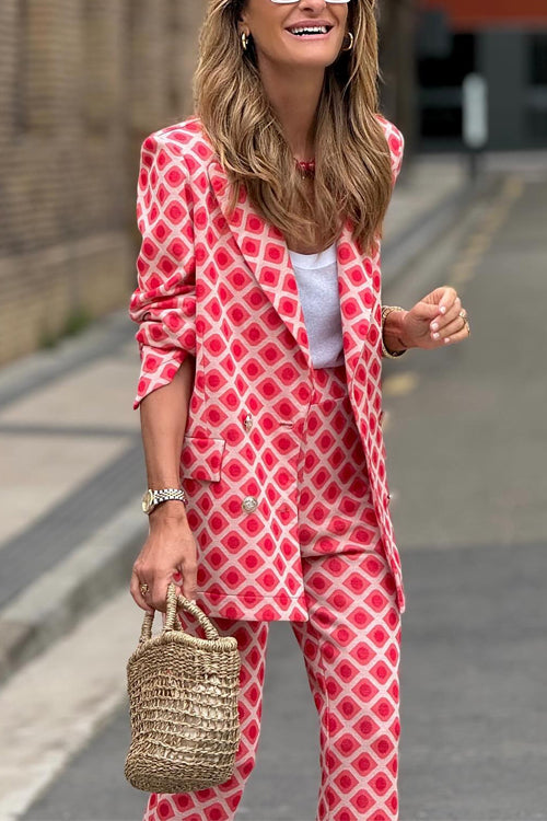 Dam Blazer Set Geometriskt Mönster Flare Byxor Bomull Polyester-3