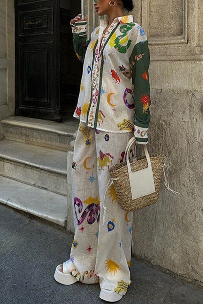 Dam Blus Set med Tryck och Lösa Byxor i Bomull och Polyester-4