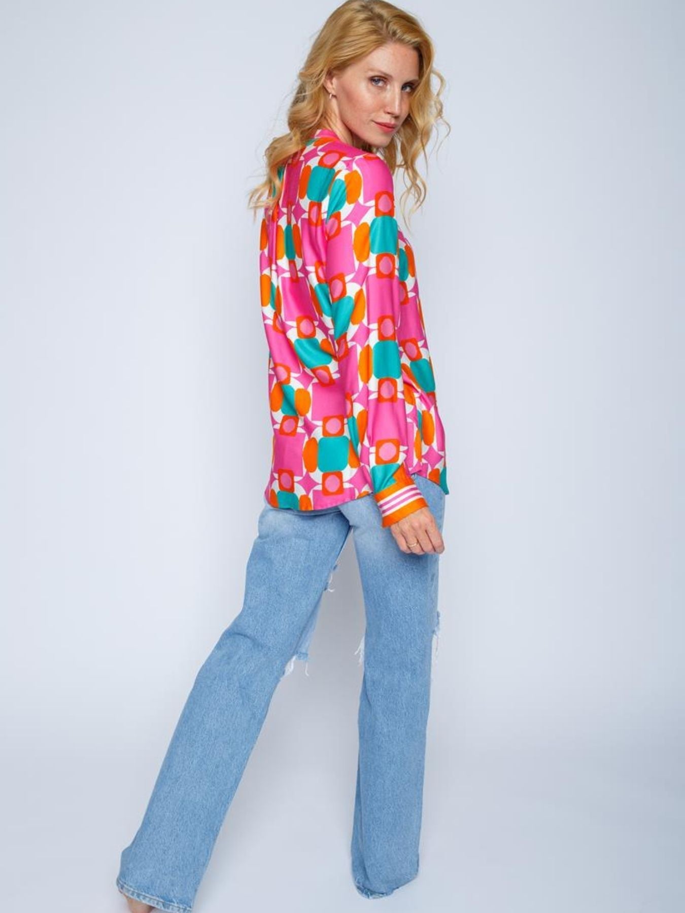 Blus Dam Geometrisk Design Viskos Satin Avslappnad Snitt-3