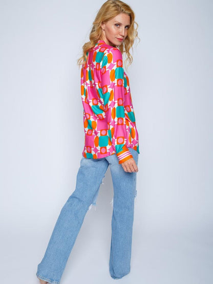 Blus Dam Geometrisk Design Viskos Satin Avslappnad Snitt-3