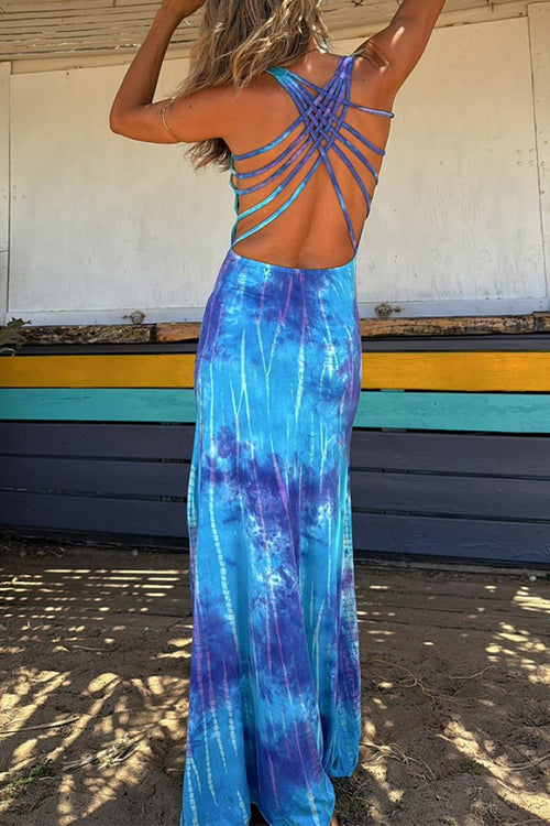 Dam Maxiklänning Criss Cross Tie Dye Bomull Polyester Elegant Silhuett-1